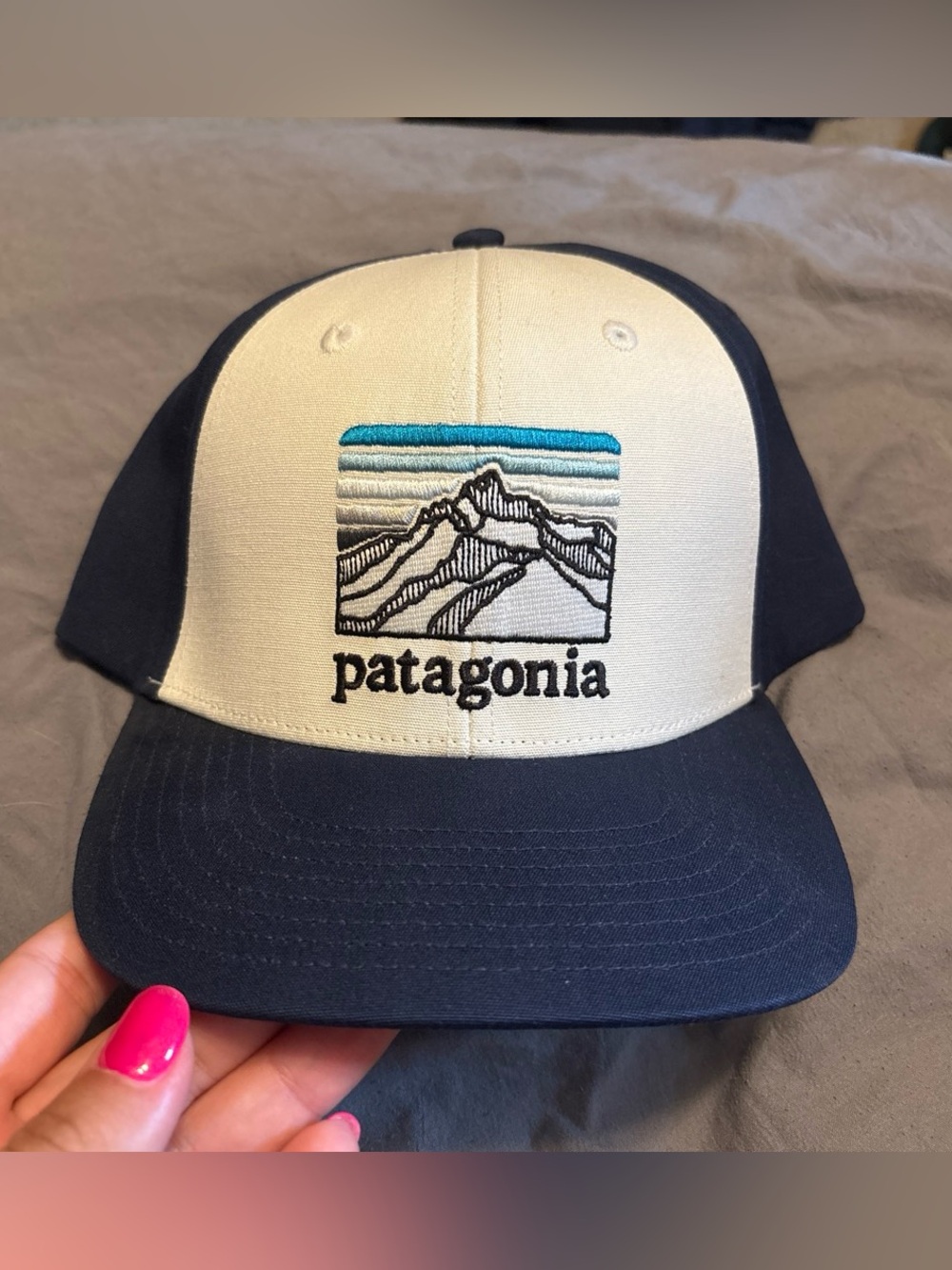 Patagonia Men’s Trucker Hat in Navy & White with Mountain Patch